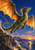 Emerald-green dragon with glowing orange-gold wings flying above a rugged coastal cliff at sunset.