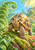 Curious tortoise facing forward on a moss-covered log, framed by a curling fern, greenery, bubbles, and coral flowers.