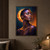 Faceted three-quarter portrait of an adult Black woman with close-cropped geometric hair and an angular halo-like disc.; frame shown for styling only