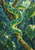 Green and cream-patterned boa-like snake resting along a mossy tropical trunk beside a broad leaf in a lush forest.