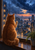 Fluffy ginger cat raising one paw toward rain-streaked glass as it watches a glowing city beneath a peach sunset.