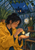 Adult gardener in a marigold coat offering a glowing golden pod to a white moth in a rooftop greenhouse at blue hour.