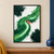 Layered green abstract arc sweeps across a textured white ground, with dark green corner blocks, mint highlight, and coral accent.; frame shown for styling only