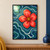Coral-red five-petal flower with a golden dotted center amid flowing multicolor contour bands on a deep navy background.; frame shown for styling only