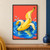 Yellow banana nestled in curling peel sections floating on blue water against a coral-red background, with pale splashes.; frame shown for styling only