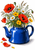 Glossy blue enamel kettle overflowing with red poppies, white daisies, yellow flowers and grasses on a white background.