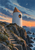White cylindrical tower with copper roof and circular window on a rocky coastal headland above the sea at dusk.