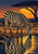 Striped zebra drinking from a pool beneath a golden sunset and acacia silhouette, with a broken striped reflection in the water.