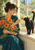 Adult woman in a deep teal dress offers an orange poppy to a black cat on a bright windowsill beside a bouquet and garden.