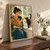 Adult woman in a deep teal dress offers an orange poppy to a black cat on a bright windowsill beside a bouquet and garden.; frame shown for styling only