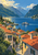 Terracotta-roofed alpine village and stone lane above a blue lake, with a white ferry and distant snow-tipped mountain.