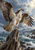 Large barred-wing osprey-like bird landing on a jagged driftwood stump above teal surf and dark coastal rocks.