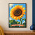 Large yellow sunflower with two bees, green leaves, a sun and blue sky, above a coral banner reading “KINDNESS TAKES ROOT.”; frame shown for styling only