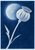 Pale poppy seed capsule on a curved stem and narrow leaves silhouetted against a luminous moon on a deep indigo field.