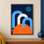 Three blue and warm-white geometric arches overlap a large tangerine semicircle on indigo, with a teal circle and coral rectangle.; frame shown for styling only
