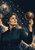 A woman in a dark teal jacket raises a brass celestial globe against stars, orbital arcs, and a cloudy night sky.