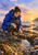 Adult in a bright blue raincoat looks at an orange sea star in a rocky tidepool beneath a golden sunset.