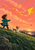 Child in a teal coat and small terrier watching a yellow kite over a grassy, rocky hillside beneath a coral sunset sky.