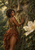 A woman in a rust-brown leaf-like dress touches a giant face-bearing tree with amber eyes among pale flowers and woodland foliage.
