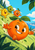 A smiling orange character rolls down a grassy hill as three smaller citrus characters follow beneath a turquoise sky.