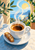 White espresso cup and saucer with golden crema, rising steam, and biscotti before a sunny coastal view.
