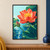 Large coral-red lotus with a golden center and rain droplets, surrounded by a bud, broad green leaves and rippling blue water.; frame shown for styling only