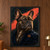 Brindle French bulldog in a dark blue jacket and copper-colored rosette, posed against a diagonal coral-red brushstroke on a charcoal background.; frame shown for styling only