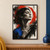Abstract portrait of a woman with eyes closed and a hand at her upper chest, framed by a red circular sweep and blue shoulder shape.; frame shown for styling only