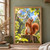 Upright red-orange squirrel holding a small loop beneath a large iridescent bubble above a tree stump in a sunlit woodland.; frame shown for styling only