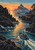 Blue skiff moving through a rocky inlet at dawn toward a distant peaked island, with a glowing shore hut and coral-gold reflections.