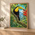 Black toucan with a multicolored bill perched on a mossy rainforest branch beside a red heliconia flower.; frame shown for styling only