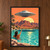 Swimmer pointing from a turquoise pool toward a silver flying saucer over a desert oasis.; frame shown for styling only