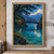 Red arched footbridge and glowing lantern over turquoise water, with dark trees, rocky banks and distant blue mountains.; frame shown for styling only