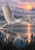 White swan flying low over marsh water at sunrise, raising one wing as droplets spray beside dark reeds.
