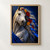 Close-up portrait of a dapple-grey horse with a braided mane decorated with red and yellow flowers and flowing blue ribbons against a dark blue background.; frame shown for styling only