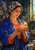 Woman in a blue cloak and patterned headscarf holding a glowing orange-gold orb in a pottery studio.