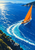 Small white sailboat with a vivid orange triangular sail cutting across a blue bay and leaving a broad curling wake, with wooded headlands and distant mountains.