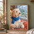 Shaggy cream dog wearing a blue knitted scarf looks toward a small bird outside a rainy window, with a folded blank map across its paws.; frame shown for styling only