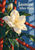 Large ivory jasmine flower with an unopened bud and hanging droplet among glossy leaves and red trellis bars; title at upper right.
