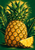 Golden pineapple with a tall spiky crown and cut wedge, framed by dark tropical leaves against a circular golden glow.