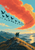 Two friends on a rocky ridge watch a sweeping flock of birds beneath coral-red and golden clouds over a mountainous coast.