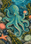 Blue-green octopus with curling arms and pale suckers among kelp, rocks, anemones, shells, and bubbles in a tide pool.