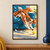 Brown-and-white long-eared dog tumbling off a blue armchair beneath an orange blanket, with feathers and a yellow ball nearby.; frame shown for styling only