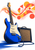 Glossy cobalt electric guitar and small amplifier beneath coral and saffron geometric soundwave shapes on a white background.