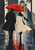 Two figures walk away together beneath a large red umbrella on a wet street, with a teal doorway and streetlamp behind them.