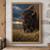 Close-up of a dark-haired bison standing in rain above prairie grasses, with storm clouds and a narrow amber horizon.; frame shown for styling only