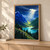 Geometric mountain landscape with cobalt and green ridges framing a turquoise lake, sunbeams through storm clouds, and a small red-roofed cabin.; frame shown for styling only