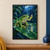 A vivid green frog reaches toward a raindrop on a glossy leaf above circular ripples.; frame shown for styling only