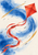 Red-orange diamond kite with a long curling ribbon tail against a cobalt-blue wash, ochre strokes, and charcoal flecks.