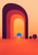 A nested rounded arch frames a blue disk above a coral-orange band, with two plum circles against a pale apricot background.